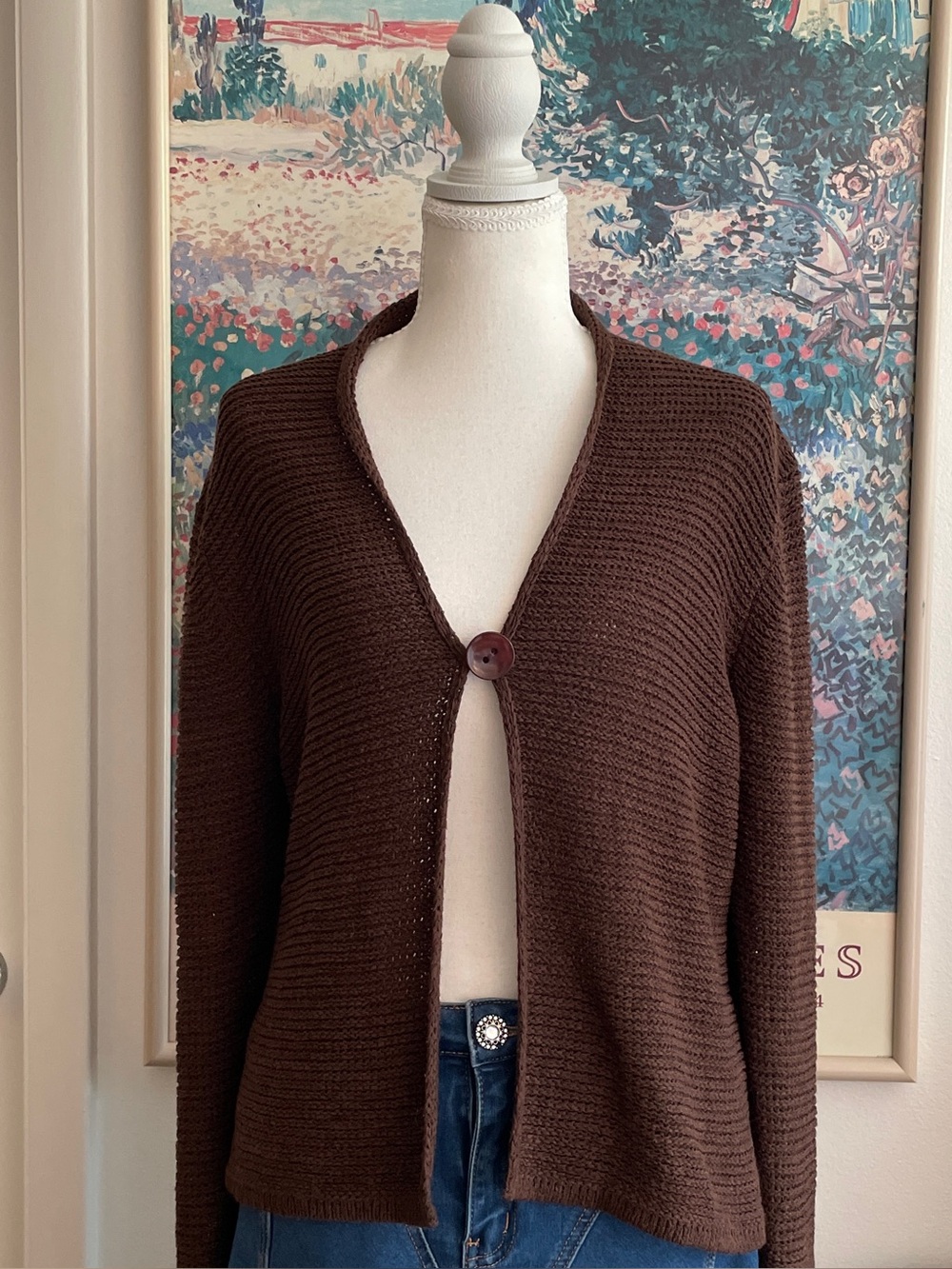 Chocolate Brown Open-Front Knit Cardigan Sweater Large Boho Surf Beach Granola